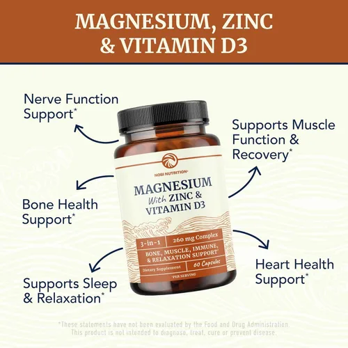 Miniatura 3 de Magnesio Zinc y Vitamina D3 Complejo de 260MG Citrato Mag de alta absorción, glicinato y malato Soporte para la salud muscular, función