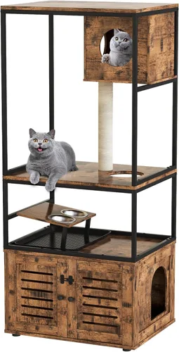 Miniatura 7 de AWQM Caja de arena grande para gatos, torre de árbol de 3 niveles con cuenco de alimentación elevado, postes rascadores, baño oculto, condominio