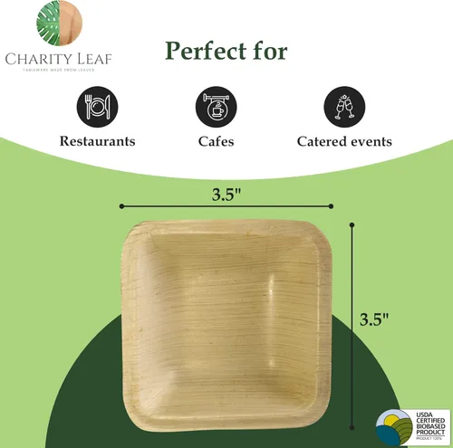 Miniatura 3 de Charity Leaf - Cuencos mini cuadrados desechables de hoja de palma de 3.5" (25 piezas) Similar al bambú Todo natural y biodegradable Para
