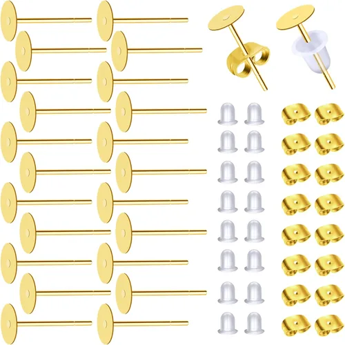 TOAOB - 300 postes y respaldos de aretes de acero inoxidable dorado, hipoalergénicos, de 0.197 in, con goma transparente y parte trasera de aretes
