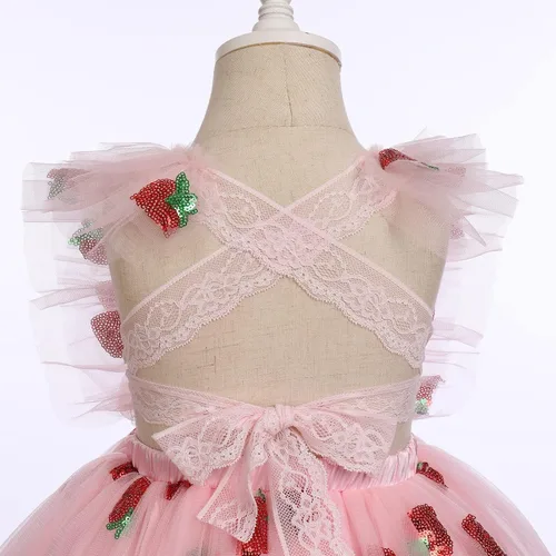 Miniatura 4 de IDOPIP Baby Girls Sequin Strawberry Cherry Tutu Dress Summer Backless Lace Princess Birthday Party Dress with Headband Outfit