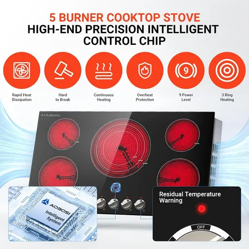Miniatura 7 de AAOBOSI Estufa eléctrica de 36 pulgadas, 5 quemadores de 9000 W, estufa de cerámica integrada con controles de perilla, 9 niveles de calor, bloqueo