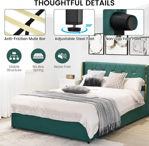 Miniatura 5 de Giantex Base de cama tapizada con 4 cajones, cama de piel sintética de tamaño matrimonial, marco de cama resistente sin ruido, fácil montaje, sin
