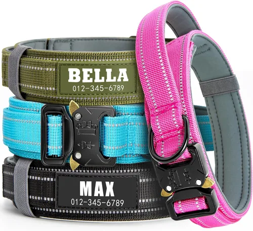 Miniatura 11 de Collar táctico personalizado para perros grandes, collar militar resistente con nombre, hecho de nailon grueso y hebilla de metal fuerte para una