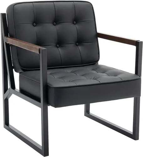 Miniatura 3 de COLAMY Juego de 2 sillas decorativas modernas de mediados de siglo, cómoda silla de sala de estar, silla decorativa de cuero negro, sillón