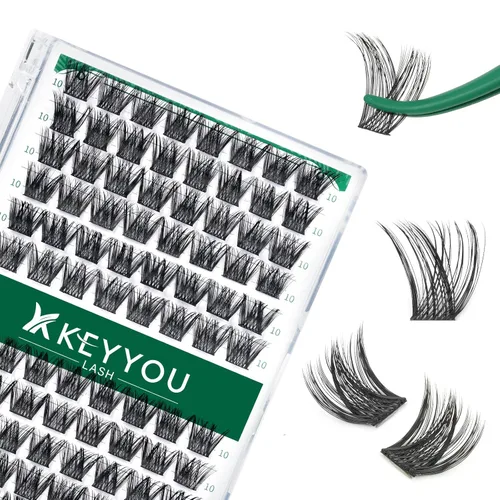 Racimos de pestañas 96 piezas, pestañas individuales Y01, rizo D de 0.394 pulgadas, racimos de pestañas KEYYOU, volumen, pestañas sueltas, extensión