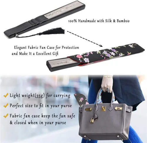 Miniatura 6 de OMyTea abanicos de mano de seda con marco de bambú para mujer de 8,27 pulgadas (21 cm), con estuche de tela protector para regalo, estampado