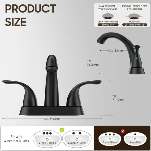 Miniatura 3 de Phiestina Grifo de Lavabo de Baño de 4 Pulgadas, 2 o 3 Agujeros, 2 Asas, Centerset, Negro Mate, Sin Plomo, con Drenaje Emergente de Cobre y Líneas