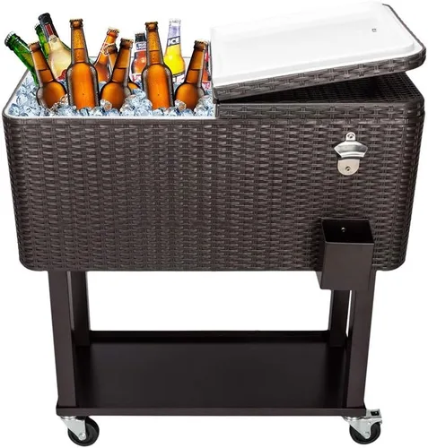 Miniatura 13 de SSLine Enfriador portátil para patio con ruedas, carrito de barra de bebidas frías al aire libre con estante de almacenamiento y abridor de Gris
