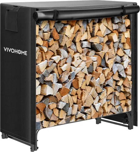 Miniatura 13 de VIVOHOME - Juego de estante y cubierta para leña resistente para interiores y exteriores de 6 pies, color negro