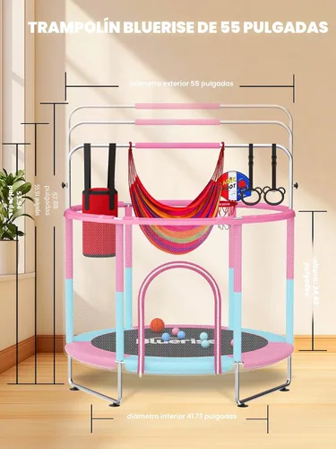 Miniatura 6 de Bluerise - Cama elástica de 55 pulgadas/6 pies, para niños, juego interior y exterior, con canasta de baloncesto para cama elástica, malla de Rosa