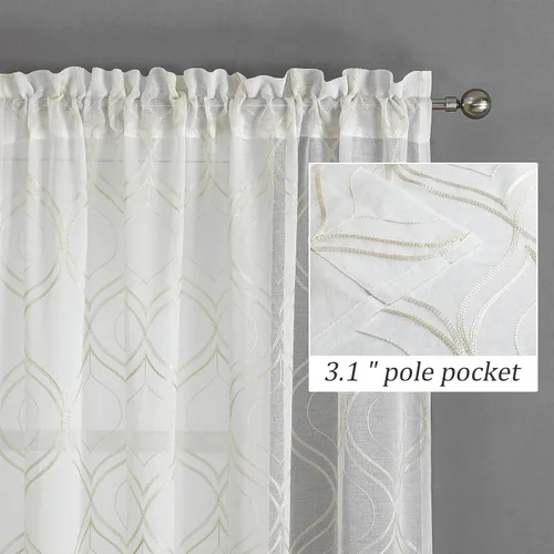 Miniatura 3 de VISIONTEX Cortinas traslúcidas blancas de 63 pulgadas de largo, juego de 2 paneles de bordado marroquí con puntos beige, tela de gasa bordada