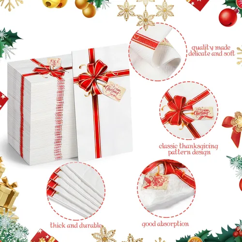 Miniatura 3 de 100 Piezas Servilletas de Papel de Navidad Caja de Regalo con Lazo 4.33 x 7.87 Pulgadas Toallas de Invitados de Navidad Desechables con Nudo de Lazo