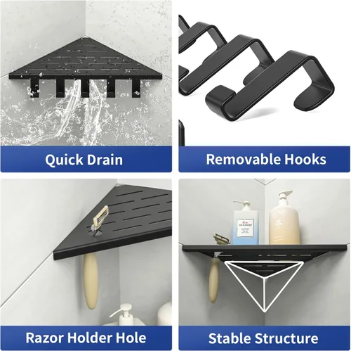 Miniatura 3 de Estante esquinero de ducha de 10 pulgadas, estantes de acero inoxidable 304 para baño, estante de lechada con ganchos para pared de azulejos