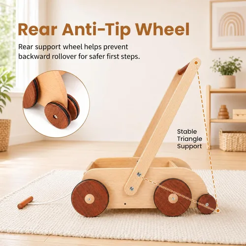 Miniatura 3 de Woodtoe Andador de madera para bebés, juguete de empuje antivuelco de velocidad ajustable para bebés que aprenden a caminar, juguetes naturales