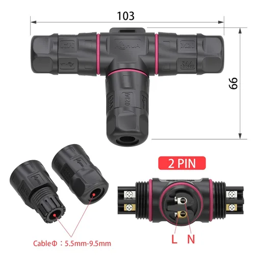 Miniatura 3 de AOHUA Caja de conexiones de 3 vías, conector M20 de 2 pines, 500 V/20 A, conector de cable eléctrico impermeable en forma de T IP68 para cable