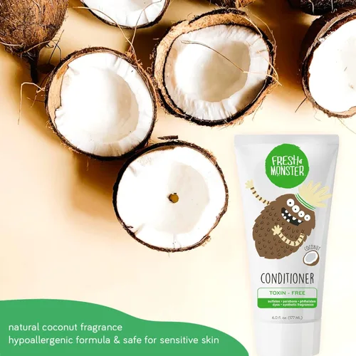 Miniatura 7 de Fresh Monster Acondicionador de cabello para niños, sin toxinas, hipoalergénico y natural, acondicionador para el cabello para niños, coco (6 onzas)