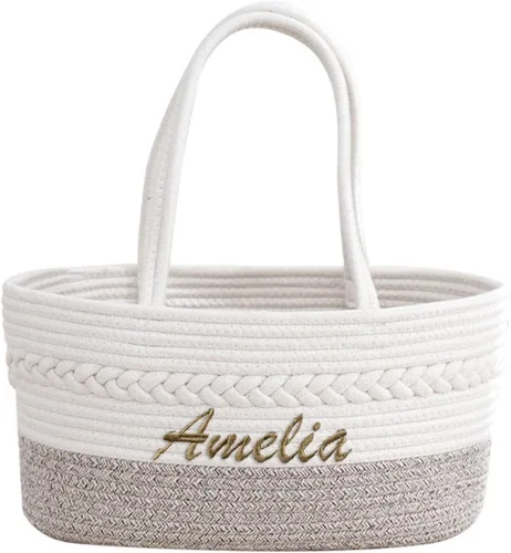 Cesta personalizada con nombre de bebé, cesta de regalo para baby shower, organizador de pañales para bebé, organizador de pañales de cuerda de