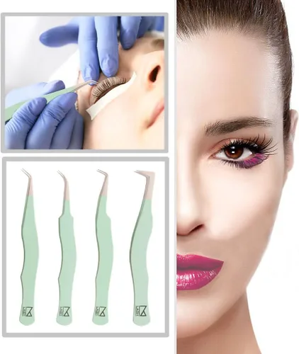 Miniatura 4 de M LASH - Pinzas para extensiones de pestañas (juego de 4), pinzas profesionales para extensiones de pestañas, punta de fibra, acero japonés, juego