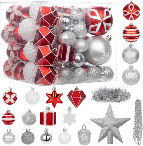 Miniatura 8 de 100 piezas de juego de adornos de Navidad azul y blanco – Kit de bolas de decoración de árbol de Navidad inastillables con estrella de copa