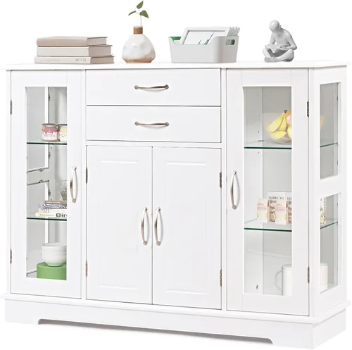 Giantex - Aparador para servidor de buffet, armario de almacenamiento con 2 cajones, 3 gabinetes y puertas de cristal para cocina, comedor, mueble,