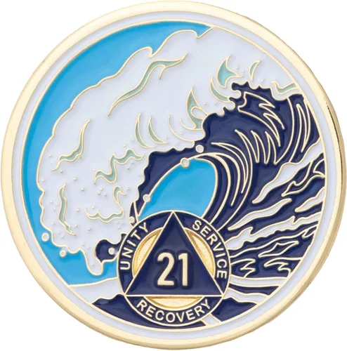 Miniatura 127 de Moneda AA de 1 año – Medallón de recuperación de ondas estrelladas de Sobriety Mint – azul/blanco/dorado