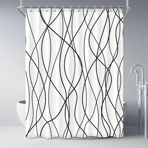 Miniatura 47 de Juego de cortinas de ducha azul egeo para baño con ganchos, cortinas de baño decorativas repelentes al agua y lavables con rayas blancas, 72 x 72