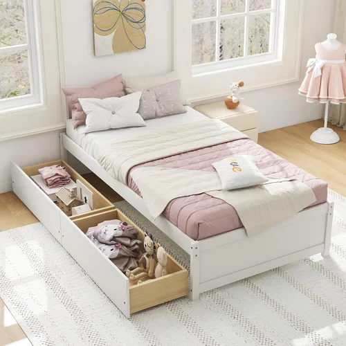 Miniatura 11 de Giantex Base de cama de plataforma de tamaño individual con 2 cajones de almacenamiento, marco de cama de madera maciza, base de colchón de soporte