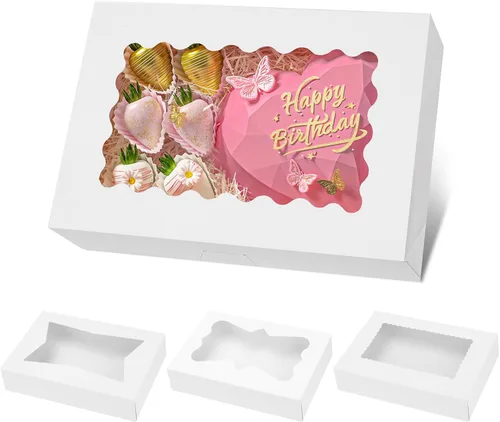 Miniatura 8 de Moretoes 30 cajas de galletas, 12 x 5.5 x 2.5 pulgadas, caja de panadería blanca con ventana para golosinas, fresa cubierta de chocolate, donas