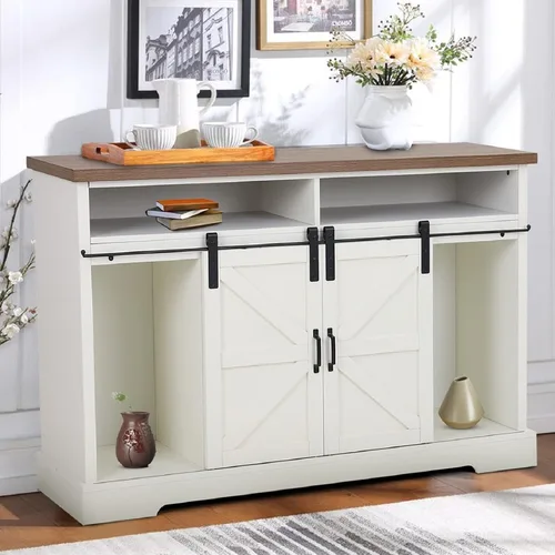 Miniatura 10 de Sophia & William Gabinete de barra de café para cocina, armario de almacenamiento de buffet con puerta corrediza de granero, 31.9 pulgadas de Roble