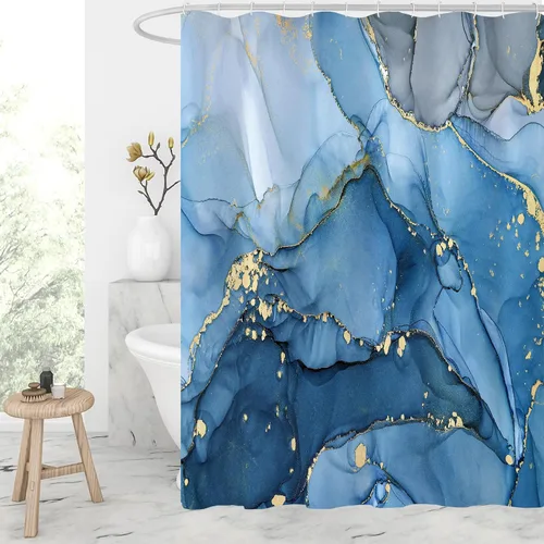 Miniatura 10 de Gibelle - Cortina de ducha pequeña de 36 x 72 pulgadas, cortina de ducha estrecha y media abstracta de mármol azul, cortina de ducha moderna de tela