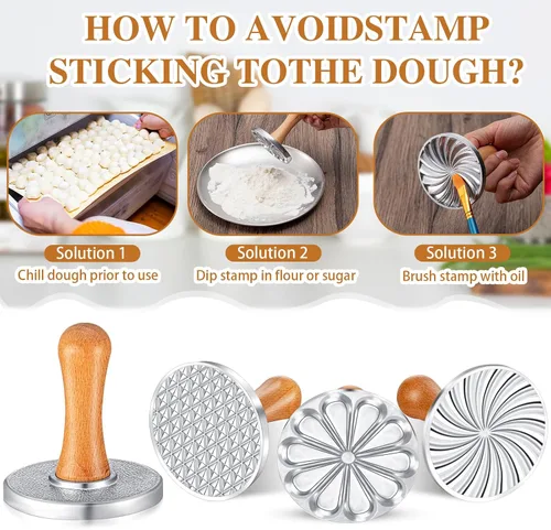 Miniatura 6 de Wenqik 3 piezas de sellos de galletas redondos de metal para prensa de galletas molde con mango de madera para hornear en relieve, suministros