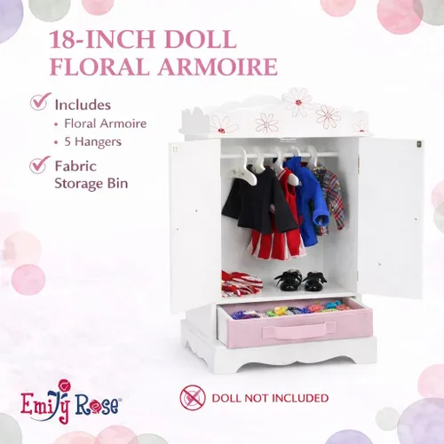 Miniatura 2 de Armario grande de 18 pulgadas, se adapta a las muñecas American Girl de 18 pulgadas, diseño floral con perchas de madera incluidas