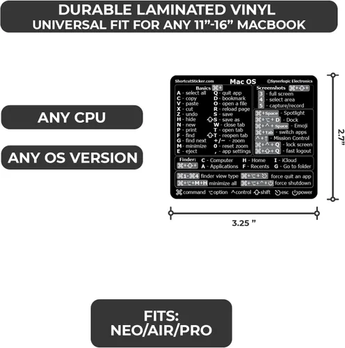 Miniatura 2 de Synerlogic 100 calcomanías (universal/neo/aire/pro) de teclado de referencia para Mac OS, vinilo laminado, para MacBook/iMac/Mini