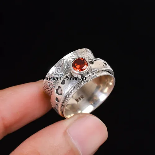 Miniatura 3 de Garnet Spinner Ring/Pure 925 Sterling Silver Spinning Ring/January Birthstone Ring/Meditation Fidget Ring/Love Heart Leaf Floral Handmade Spin