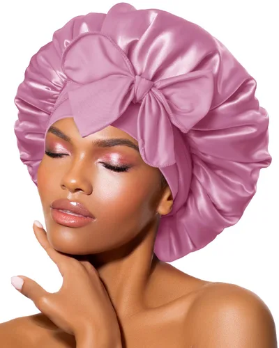 Miniatura 43 de Gorro de satén de seda para dormir con banda ancha para cabello rizado, color rosado oro rosa claro