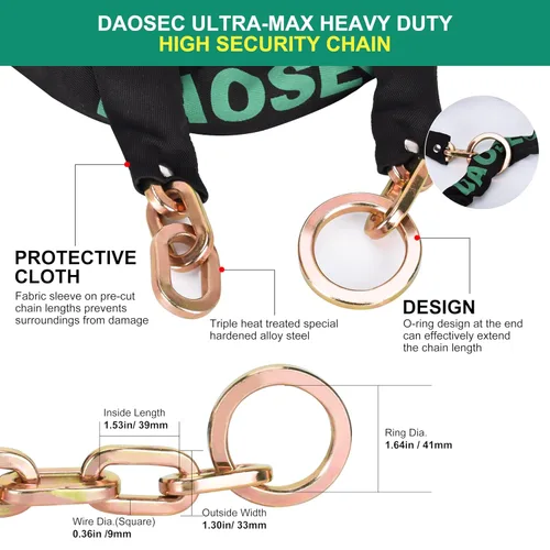 Miniatura 4 de Cadena de máxima seguridad de 10 pies – Acero de boro endurecido de 3/8 pulgadas (0.354 in) – Resistente antirrobo para motocicleta, bicicleta, ATV