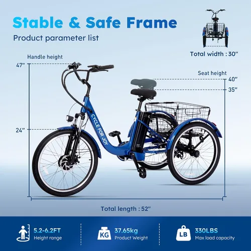 Miniatura 2 de Triciclo eléctrico para adultos, triciclo eléctrico de 7 velocidades con batería extraíble de 48V 624WH, autonomía de 70 millas en PAS 1, velocidad