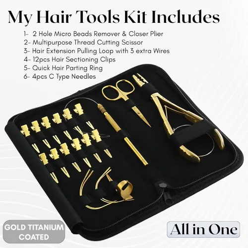 Miniatura 2 de El kit de herramientas de extensión de cabello incluye 2 alicates para prensar microeslabones con microcuentas, 12 clips de seccionamiento, Dorado