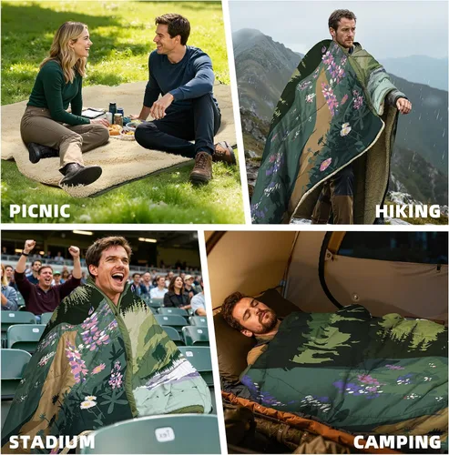 Miniatura 2 de Manta de campamento al aire libre con forro sherpa, mantas de campamento gruesas extra cálidas y acolchado ultraligero suave poncho DWR edredón