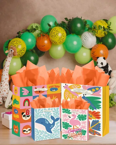 Miniatura 7 de qiqee Bolsas de regalo de papel surtido con asas de papel de seda, 8 bolsas de regalo de cartón de cumpleaños de animales florales para mujeres