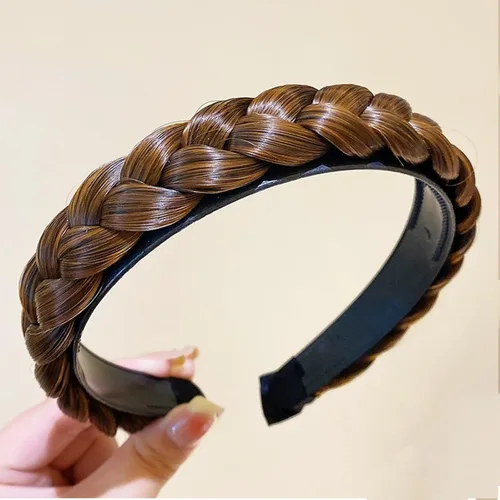 Miniatura 10 de Diadema de 4 hebras de cabello sintético trenzado, diadema trenzada con dientes, accesorio de belleza, diadema elástica para mujer (marrón oscuro)