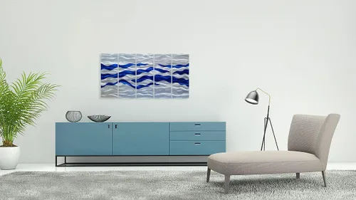 Miniatura 8 de SYGALLERIER Arte de pared abstracto de metal costero, hecho a mano, gran 3D, azul y plateado, ilustraciones modernas de olas de mar, escultura