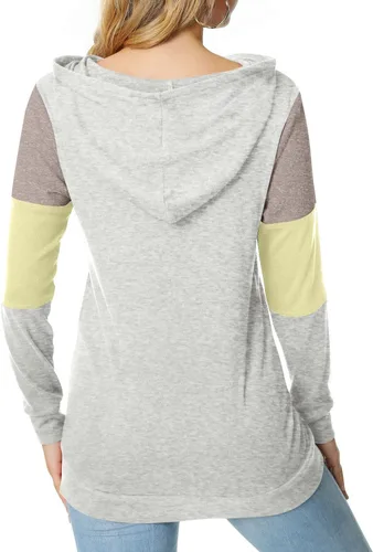 Miniatura 4 de CATHY Sudadera casual con cordón para mujer, manga larga, bloque de color, sudadera con capucha y bolsillo