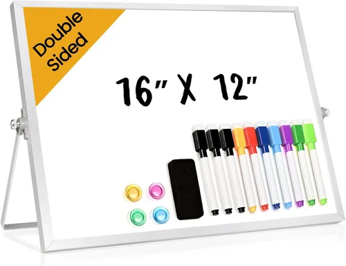 Miniatura 10 de Pizarra Blanca de Escritorio Pequeña con Soporte, 10" x 10" Pizarra Blanca de Marco de Aluminio Plateado de Doble Cara para Niños, Mini Pizarra