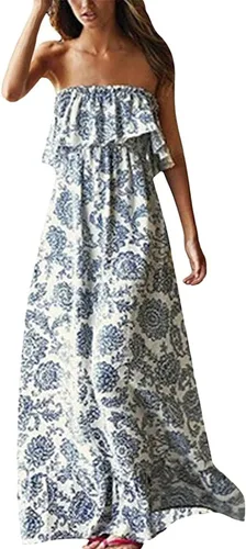 ZMPSIISA Vestido largo de verano para mujer, con hombros descubiertos, con volantes, sin tirantes, de porcelana, color azul y blanco, bohemio,