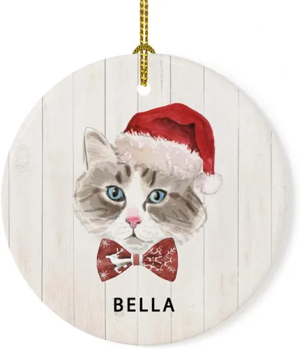 Miniatura 12 de Andaz Press Adorno redondo personalizado de cerámica para árbol de Navidad, abisinio, corona de acebo, sombrero de Papá Noel, con gráfico de gato