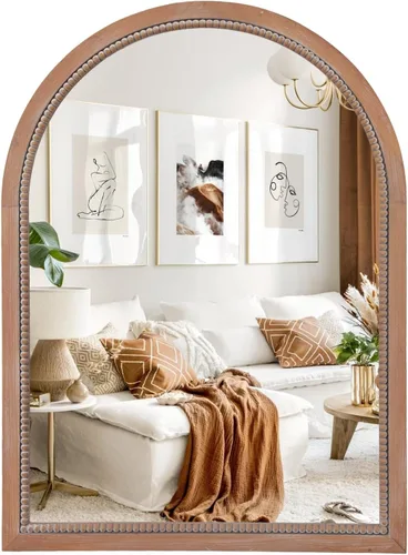 Miniatura 13 de Sawsile - Espejo redondo de madera, espejo circular rústico de 61 cm con marco de madera natural estilo granja y cuentas boho para pared, para baño