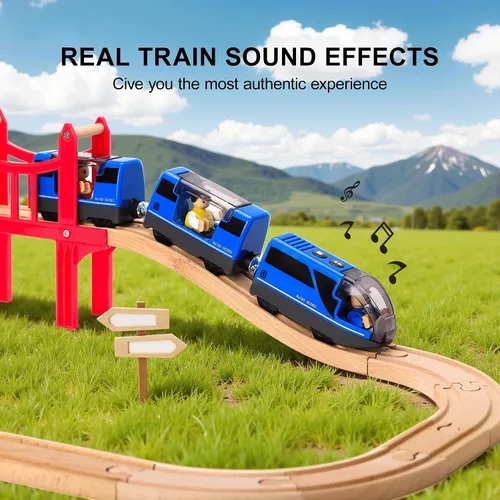 Miniatura 7 de TOPLIVING Tren motorizado para pista de madera, tren eléctrico con conexión magnética, trenes locomotoras a pilas para niños pequeños, compatible