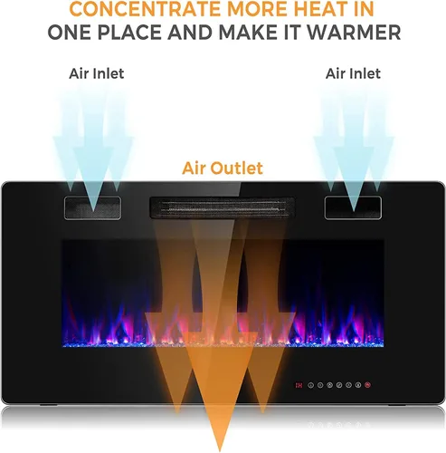 Miniatura 6 de Topment Chimenea eléctrica empotrada y montada en la pared con color y velocidad de llama ajustables, control remoto y táctil con temporizador, bajo